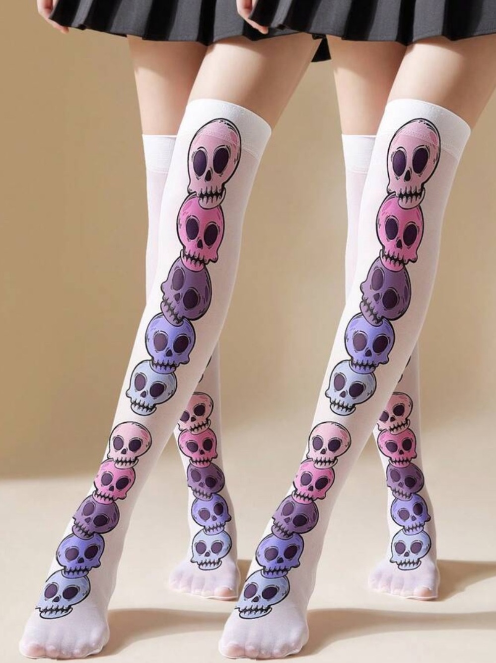 White Over-the-Knee Skull Print Thigh-High Socks - Pink & Purple